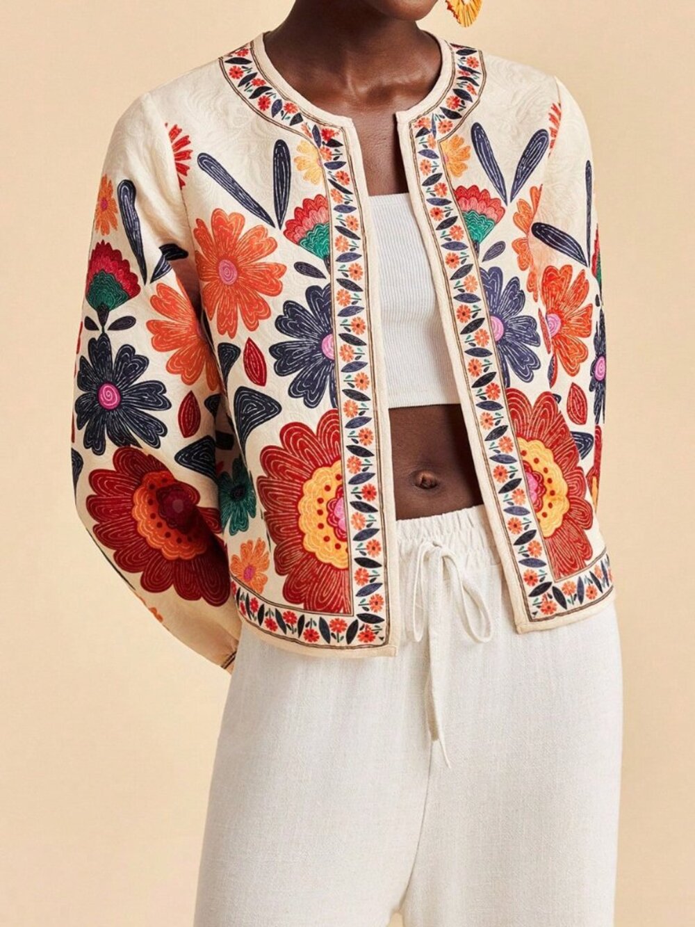 Ivory Bold Floral Print Boho Casual Statement Cropped Open Front Jacket